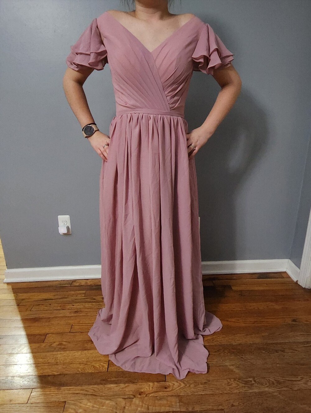 Off-Shoulder Mauve Maxi Dress with Flutter Sleeves